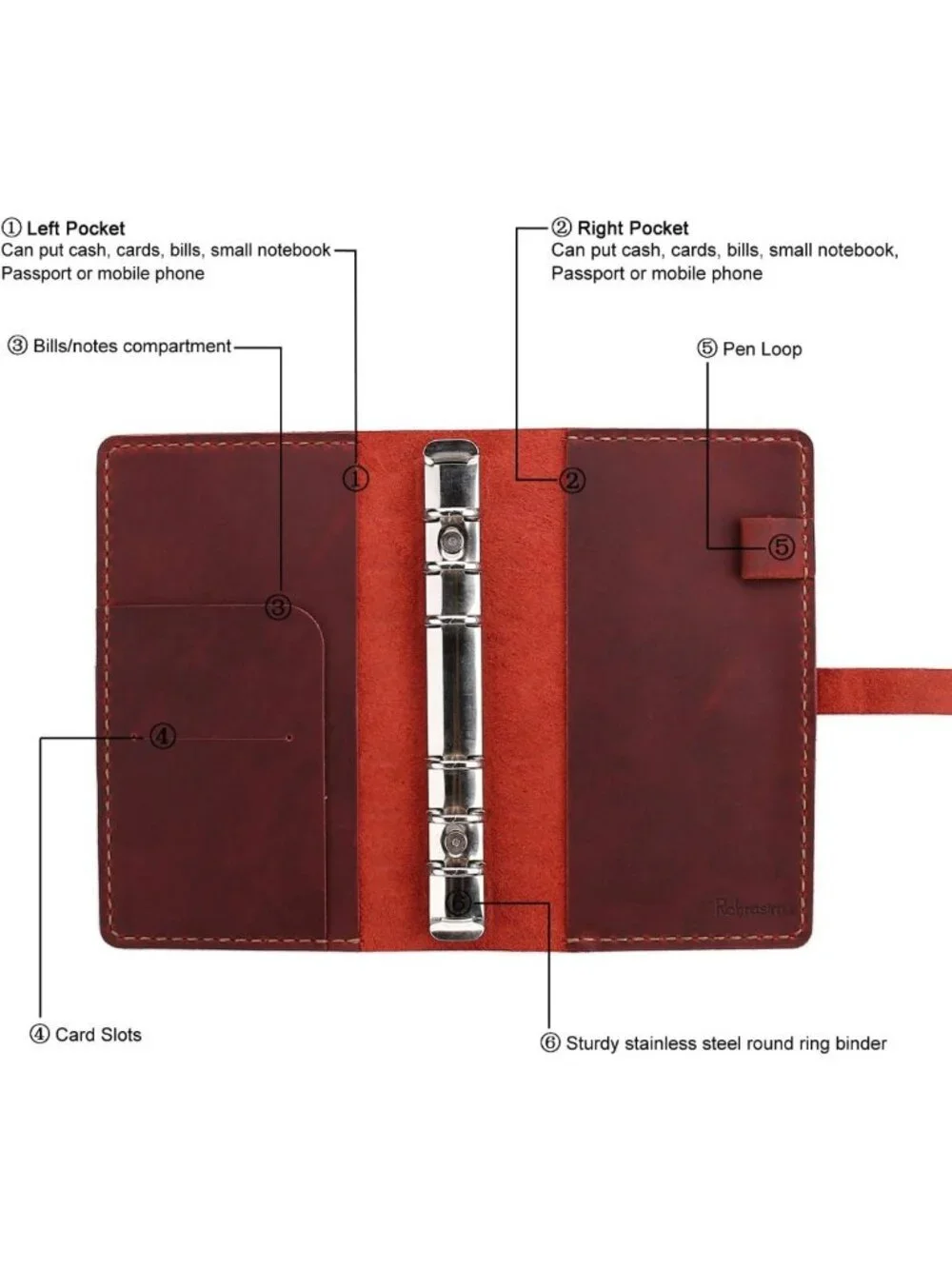 Vintage Genuine Leather A6 Journal Notebook, Refillable Ring Binder Diary